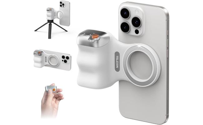 TELESIN Fun Shot Magnetic Phone Camera DSLR Style Shutter Grip for iPhone & Android with Detachable Wireless Shutter Button - 1/4" Screw - Comfort Ergonomic Camera Grip Handle Holder